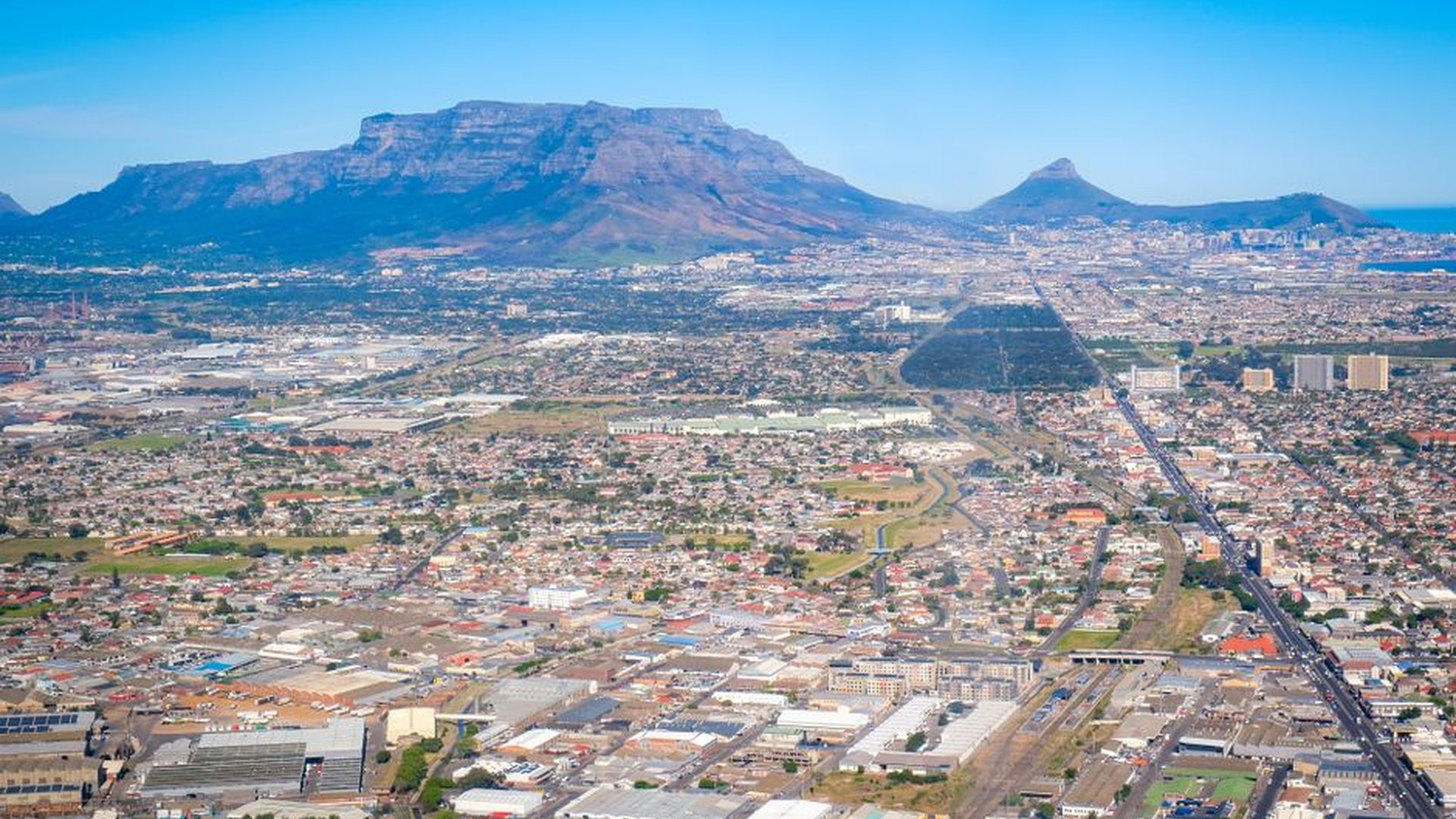 Table Mountain peak aerial view Cape Town skyline